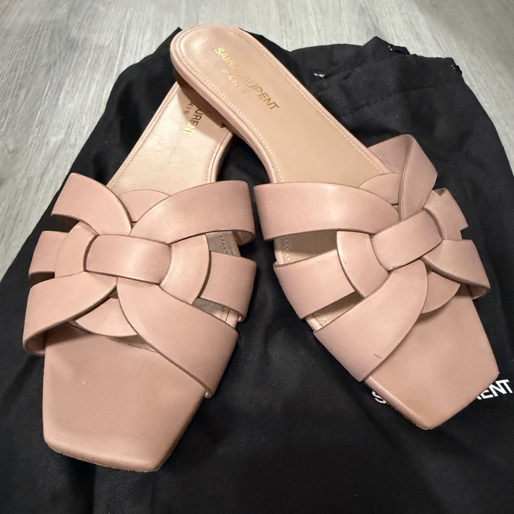 Saint Laurent Blush Leather Braided Slide Mules